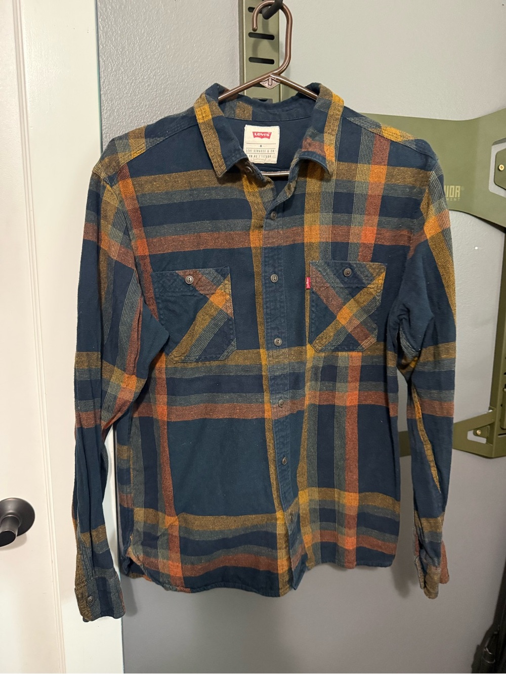 Levi's Men’s Navy Plaid Button-Down Shirt with Orange and Mustard Stripes